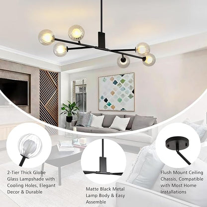 Modern Black Sputnik Island Light, 6-Light Glass Linear Chandelier for Dining Room, 46'' Ceiling Pendant Light Fixture with Globe Lampshade, Large Hanging Lamp Over Table, Bar, G9 Base
