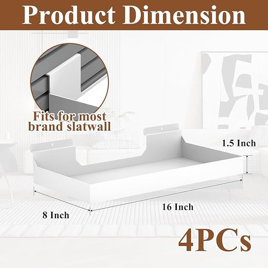4 Pcs 16X8 Inch Slatwall Shelves, Heavy Duty Slatwall Baskets, Metal Slat Wall Shelves Accessories, Metal Retail Display for Storage and Organization, White