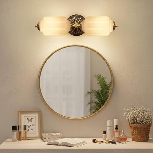 Vintage Bathroom Vanity Light - 2-Light Milk Glass Sconce with Antique Brass Finish & White Shade, Wall Sconce Lighting for Bathroom Mirror, Hallway, Living Room, Bedroom