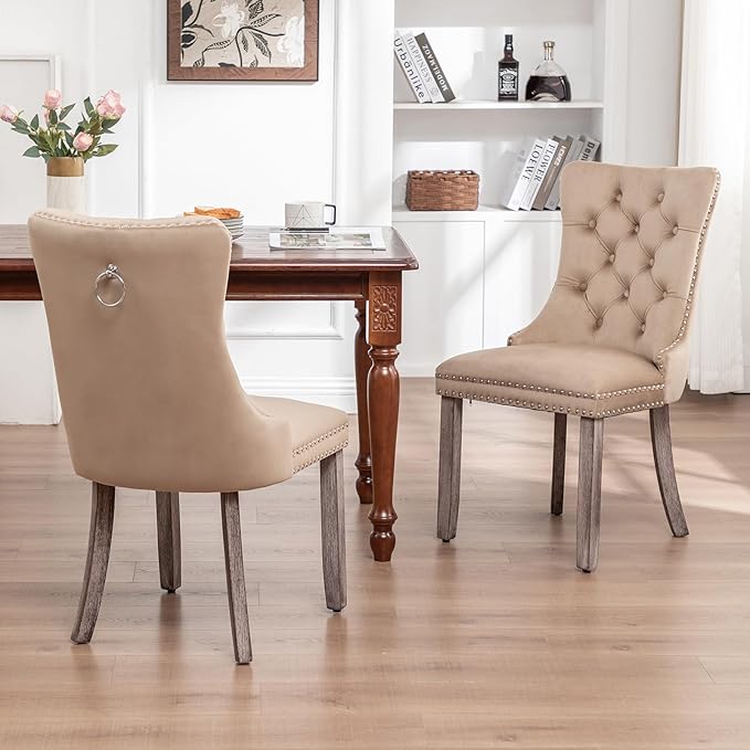 Eifizek Velvet Dining Chairs Set of 4, Upholstered Dining Room Chairs with Nailhead Ring Pull Trim, Button Tufted Wing Back Chairs for Dining with Solid Wood Legs for Kitchen Dining Room(Khaki)
