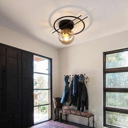 Matte black & gold finish Semi Flush Mount Ceiling Light Fixture Mid Century Modern Chandelier with Glass Globe Small Indoor Lighting for Kitchen Hallway Bathroom Bedroom Closet Farmhouse Proch.