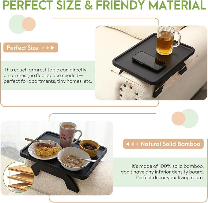 SINWANT Couch Arm Table,Bamboo Couch Arm Tray for Armrest,13.78" Sofa Clip on Tray Table for Home Living Room Snack & Drink Remote