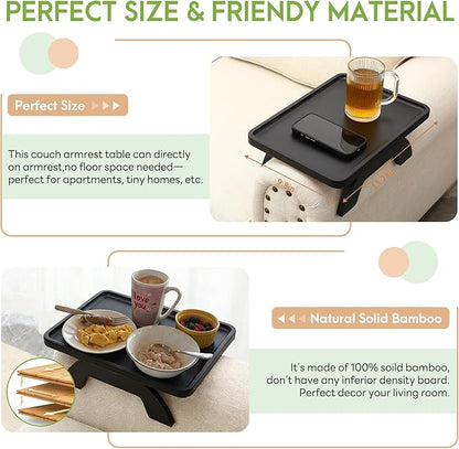 SINWANT Couch Arm Table,Bamboo Couch Arm Tray for Armrest,13.78" Sofa Clip on Tray Table for Home Living Room Snack & Drink Remote