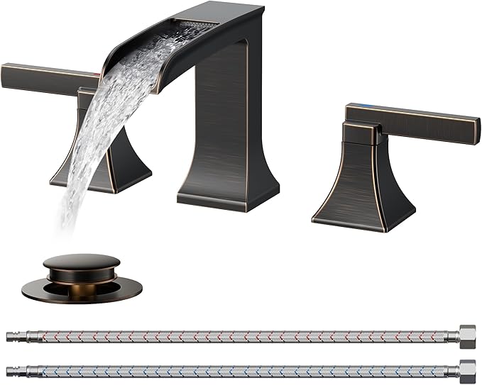 FORIOUS Antique Brass Waterfall Bathroom Faucets 3 Hole, 2 Handle Oil Rubbed Bronze Bathroom Sink Faucet Widespread with Metal Pop-up Drain and CUPC Supply Lines, for 4-16” Centerset Sink