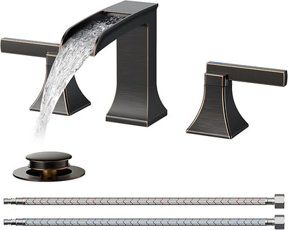 FORIOUS Antique Brass Waterfall Bathroom Faucets 3 Hole, 2 Handle Oil Rubbed Bronze Bathroom Sink Faucet Widespread with Metal Pop-up Drain and CUPC Supply Lines, for 4-16” Centerset Sink
