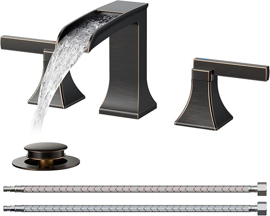 FORIOUS Antique Brass Waterfall Bathroom Faucets 3 Hole, 2 Handle Oil Rubbed Bronze Bathroom Sink Faucet Widespread with Metal Pop-up Drain and CUPC Supply Lines, for 4-16” Centerset Sink