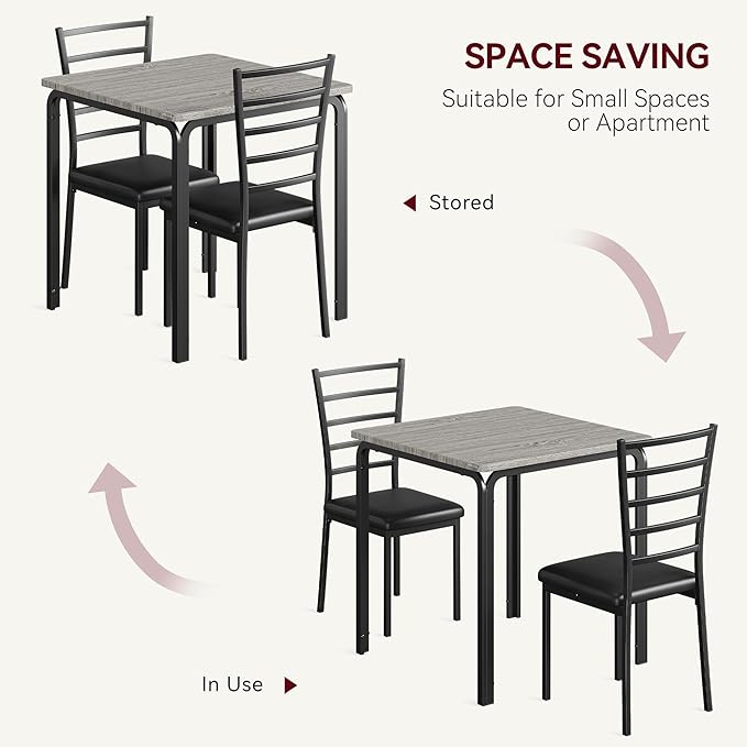 IDEALHOUSE 3-Piece Kitchen Dining Room Table Chair Set for Small Space, Indoor Modern Dinette Set for 2, Square Dinner Table Set for Dinette, Breakfast (Grey)