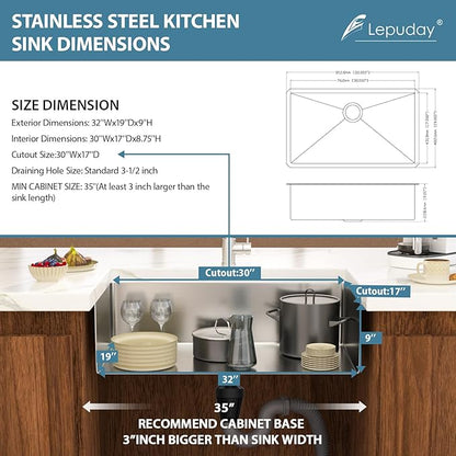 32 Inch Undermount Kitchen Sink Single Bowl 18 Guage Stainless Steel 32"x19"x9" Deep Under Counter Kitchen Sinks Basin R10 Round Corners Handmade Sink