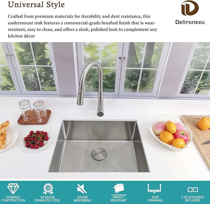 23 Inch Undermount Kitchen Sink - Delironexu 18 Gauge Stainless Steel Kitchen Sink, 23"x18" Single Bowl kitchen Sinks with Brushed Finish, Ideal for Bar Sinks, and RV sink