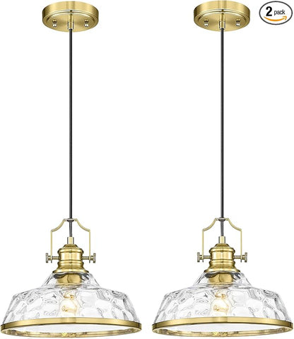kudos 2 Pack Gold Pendant Lights Kitchen Island, 11" Brass Kitchen Island Lighting with Hammered Glass Shade, Farmhouse Hanging Light Fixture for Kitchen Sink Dining Room Hallways, KDPL13-GD-H-2PK