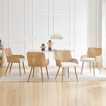 Rattan Dining Chairs,Upholstered Boucle Fabric Dining Chairs with Armrest and PE Cane Backrest, Mid Century Modern Dining Room Chairs with Metal Legs for Kitchen Island,Set of 2
