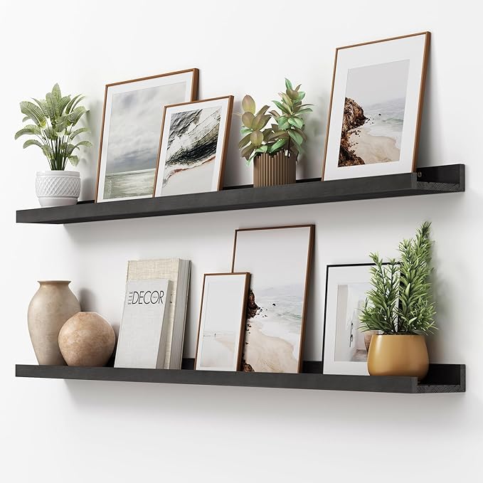 FLYJOE Picture Ledge Shelf, Floating Shelves Set of 2, Solid Ash Wood 56'' Long Large Nursery Book Shelves for Toys Storage, Kids Bookshelf for Living Room Bedroom Decor Books Photo Frames, Black