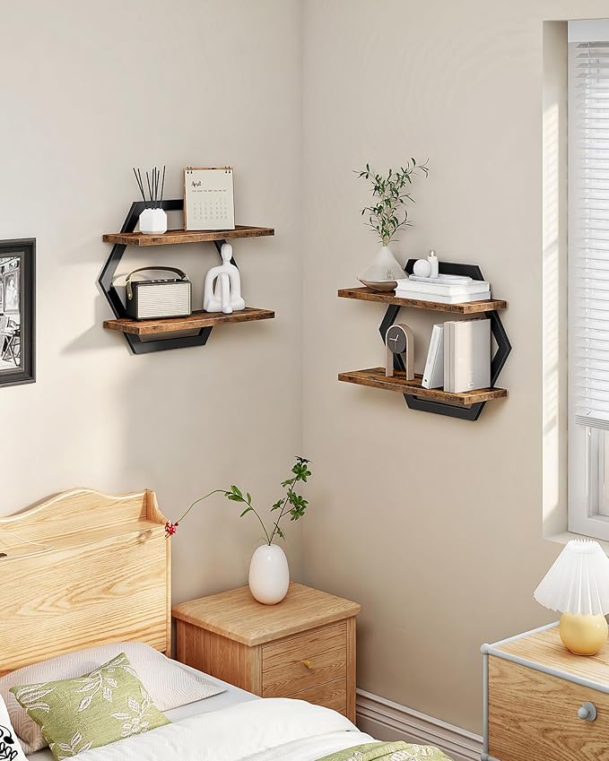 CHOEZON Hexagon Floating Shelves for Wall, Set of 2, 2 -Tier Hanging Shelves, Wall Mounted Storage Shelves, for Living Room, Bedroom, Kitchen, Home Office, Study, Rustic Brown and Black TBJ06P2BF