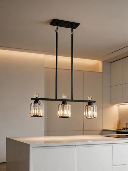 Modern Dining Room Light Fixture Over Table, Crystal Pendant Lights Kitchen Island, Chandeliers for Dining Room Kitchen Light Fixtures (E26) 3-Light Black