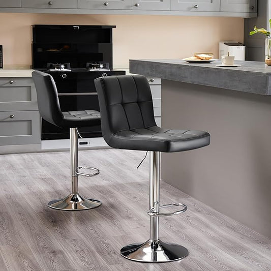 Sweetcrispy Bar Stools Set of 2, Armless PU Leather Adjustable Swivel Barstools, Hydraulic Kitchen Counter Height Thickened Seat Cushion Square Island Countertop Chairs with Back, Black