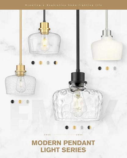 Emak Brushed Nickel Pendant Light Fixtures, 8 Inch Hammered Glass Pendant Lights Kitchen Island, Modern Hanging Light Fixture for Kitchen,Dining Room, Bathroom, PL122-BN-HG