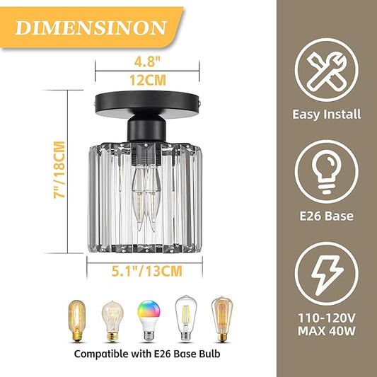 Crystal Ceiling Light, Modern Industrial Semi Flush Mount Ceiling Light Fixtures, E26 Black Indoor Lighting Fixture for Hallway, Entryway, Bathroom, Kitchen, Dining Room, 1-Light
