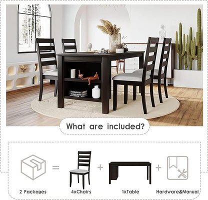 Farmhouse Wood Dining Table Set, Kitchen Table Set for 4, Kitchen Island Set with 2 Tier Storage Shelves Compact Kitchen Dining Room Set with 4 Padded Dining Chairs, for Dining Room, Kitchen