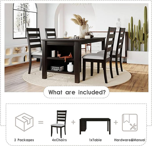 Farmhouse Wood Dining Table Set, Kitchen Table Set for 4, Kitchen Island Set with 2 Tier Storage Shelves Compact Kitchen Dining Room Set with 4 Padded Dining Chairs, for Dining Room, Kitchen