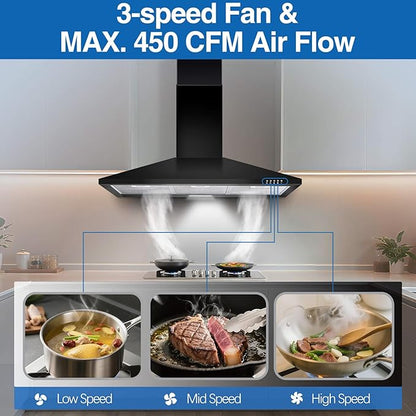 SNDOAS Range Hood 36 inch,Black Vent Hood with 450CFM & 3-Speed, Ducted/Ductless Convertible,Mesh Filters & Push Button Control for Stove Hood,Chimney-style Black Range Hood Wall Mount