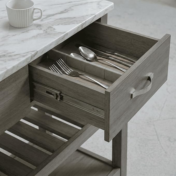 Casaphoria Amanda Collection Solid Wood Kitchen Island, 42" Butcher Block Cart with Cultured Marble Top & Locable Wheels, Prep Table for Small Spaces (Weathered Gray)