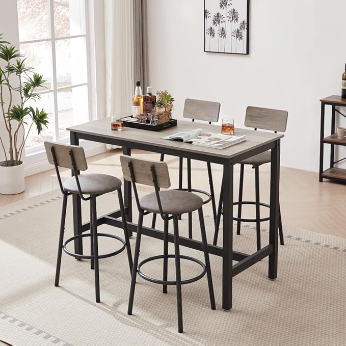 Bar Table Set with 4 Upholstered Stools for Home Bar and Kitchen Island Use