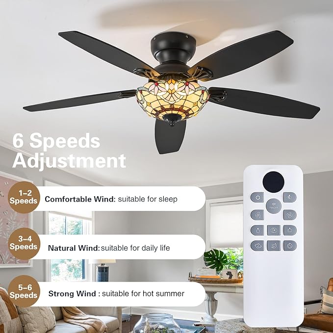 Tiffany Ceiling Fans with Lights - 52" Ceiling Fan Chandelier with 5 Dual-Blades and Glass Shade, 6 Speeds and Reversible, Indoor and Outdoor, Retro Style