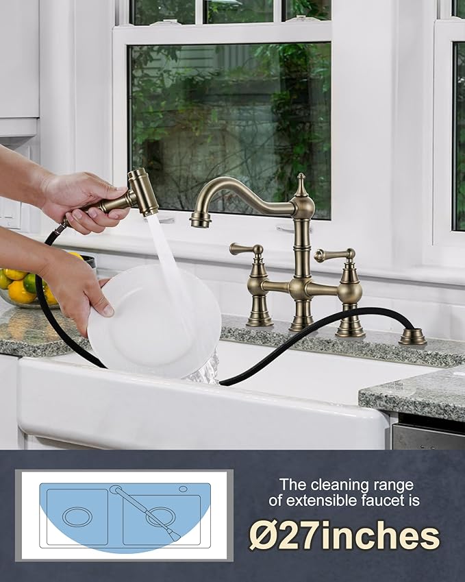 Bridge Kitchen Faucet with Side Sprayer, WOWOW Solid Brass Kitchen Faucet for Sink 4 Hole Antique Bronze Kitchen Sink Faucet, Two Handle 8 Inch Centerset Bridge Faucet Victorian Style