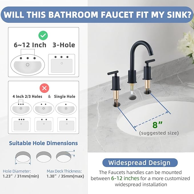 VXV Matte Black Bathroom Faucet 3 Hole Widespread with Easy Installation, 2-Handle 8 Inch Bathroom Sink Faucet 360° Swivel Spout, Pre-Attached Hoses & Drain Included, Vanity Faucet for Bath Sink