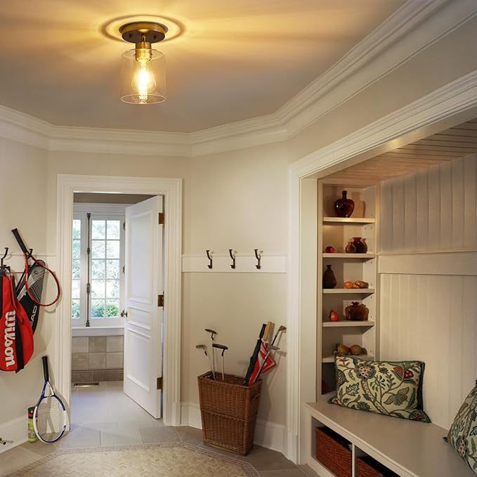 YYT 1-Light Flush Mount Ceiling Light, Brushed Nickel Hallway Light Fixtures, Small Kitchen Lighting Fixtures Ceiling, Cieling Lights with Clear Glass Shade for Entryway Bathroom Corridor Passway