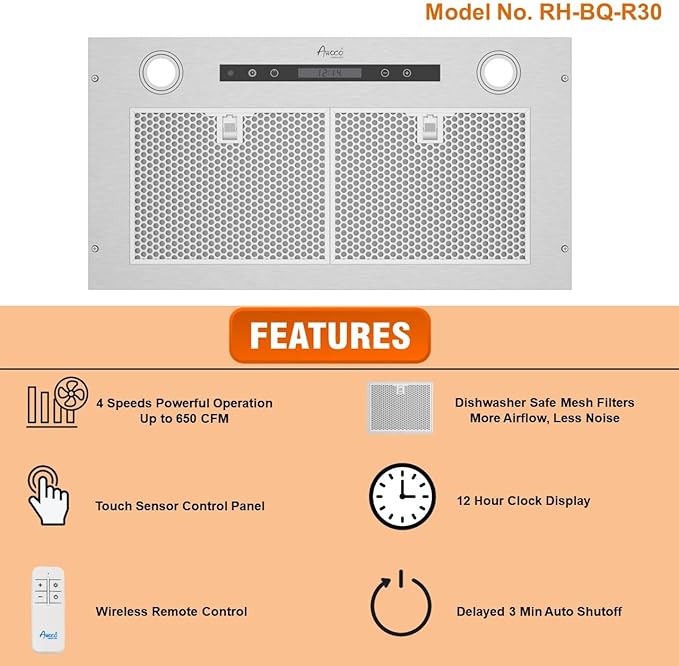 Awoco 14-1/2”D Built-in/Insert Stainless Steel Range Hood, 4-Speed, 650 CFM, LED Lights, Mesh Filters for Wood Hood (28"W 15"D Mesh Filters)