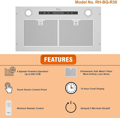 Awoco 14-1/2”D Built-in/Insert Stainless Steel Range Hood, 4-Speed, 650 CFM, LED Lights, Mesh Filters for Wood Hood (28"W 15"D Mesh Filters)