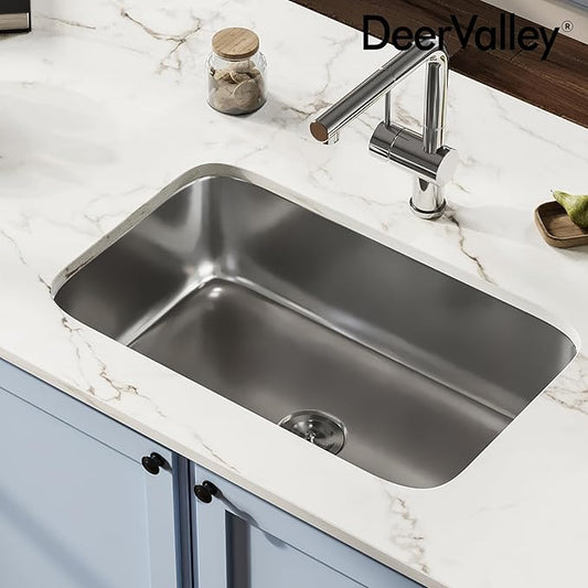 DeerValley 30 Inch Undermount Kitchen Sink 18 Gauge Stainless Steel Kitchen Sink Spacious Single Bowl Sinks with Basket Strainer Curved Shape Round Corner Deep Sinks for Modern Kitchens