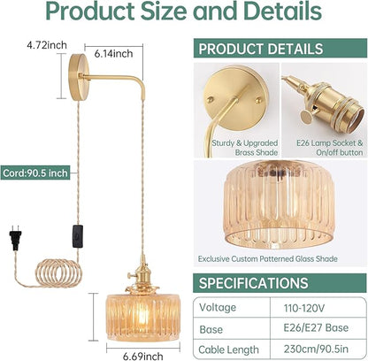 Shenmoyl Vintage Wall Sconce with Amber Striped Glass Shade Hanging Wall Sconce with 4.9FT Plug in Cord, Modern Wall Lamp Fixtures Decor for Bedside Bedroom Indoor Doorway, Set of 2