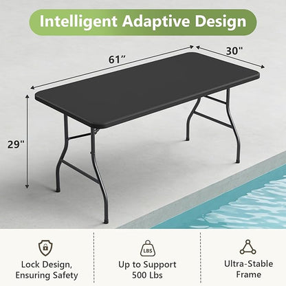 5ft Folding Table, Heavy Duty Plastic Card Table with Foldable Steel Legs, Metal Frame Support up to 500 lb, Portable for Indoor, Outdoor, Picnic, Camping, Dining, Party, Black