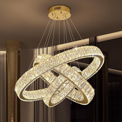 Modern Led Gold Ring Chandelier Luxury 3 Ring Crystal Chandelier Led Dimmable Light for Dining Room Height Adjustable Led Pendant Light 32''+24''+16''