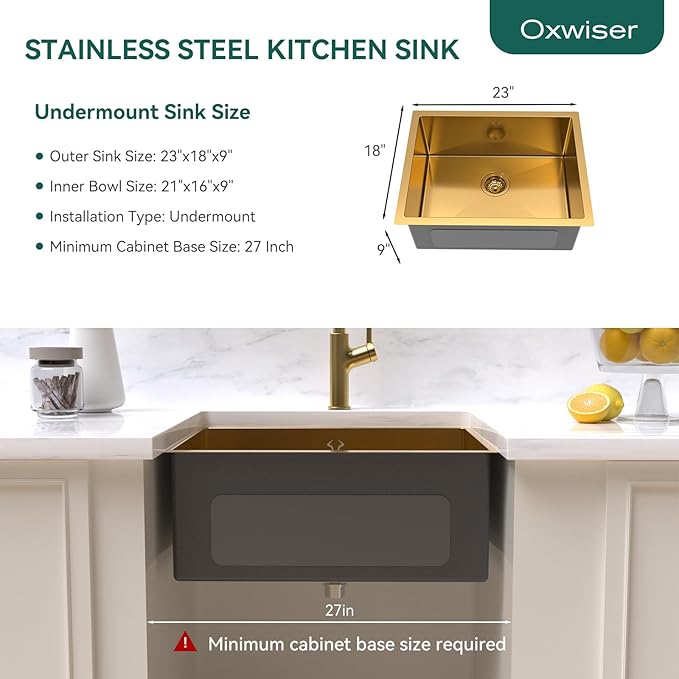 Gold Kitchen Sink 23x18 Inch Undermount Kitchen Sink 16 Gauge Stainless Steel Single Bowl with Accessories Round Corners Handmade