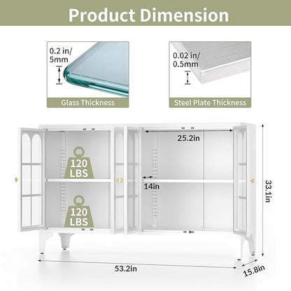 Foreate Sideboard Buffet Cabinet with Glass Door & LED Light, 53.2" Large Buffet Cabinet with Storage & Adjustable Shelf, Farmhouse Sideboard Credenzas Metal Kitchen Buffet, White