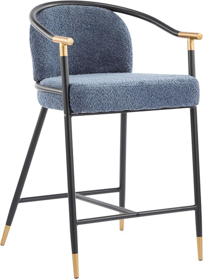Set of 2 Upholstered Counter Stools - 26" Seat Height Navy Blue Boucle Stools with Sturdy Iron Frame, Gold Trim+Black Base, Contemporary Design for Kitchen Island/Home Bar/Dining Area