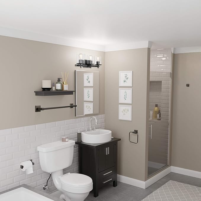 Globe Electric 51634 Dakota 5-Piece All-in-One Bathroom Set 3 Vanity Light with Seeded Glass Shades, Bar, Toilet Paper Holder, Towel Ring, Robe Hook, Matte Black