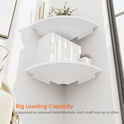 Homode Corner Floating Shelves, Set of 4 Round Corner Shelf Wall Mount with Cord Hole, 12 Inch Wood Curved Hanging Shelf for Cable Box, Speaker, TV Cords, Books, Plants, White