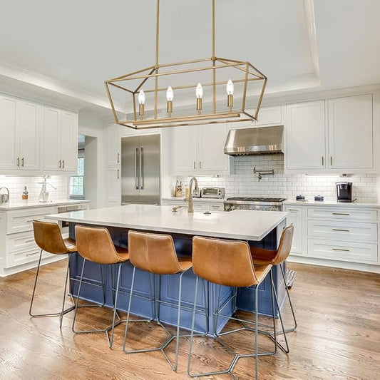 BONLICHT Traditional Dining Room Linear Chandelier Brushed Brass 4 Light Farmhouse Kitchen Island Lantern Pendant Lighting Fixture Hanging Rectangle Gold Pendant Lamp for Restaurant Bar, E12 Base