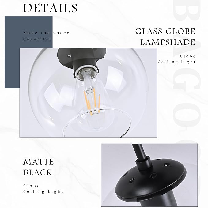Bagood Black Semi Flush Mount Ceiling Light Fixture with Clear Glass Light Fixture Mid Century Light Fixtures Black Semi Flush Ceiling Light Fixtures for Dining Room Kitchen (Bulb Included)