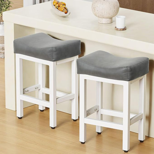 Raynesys Counter Height Bar Stools Set of 2, 24 Inch Barstools for Kitchen Island Counter, Bonded Leather Kitchen Stools with Thick Saddle Seats & Heavy Duty Metal Base, Easy Assembly, Gray/White