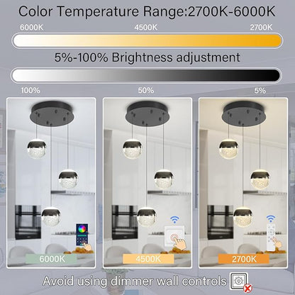 Modern Crystal Pendant Lighting Black Globe Pendant Light Fixture, Mid Century Chandelier 3-Light Hanging Fixture for Kitchen Island,Globe Chandeliers for Dinning Room Bedroom