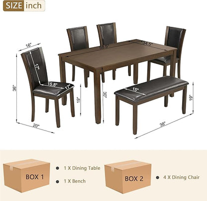 6-Piece Dining Table Set with Bench, Modern Wood Dining Table Set for 6, Kitchen and Dining Room Table and Chairs Set, Grey & White Two-Tone