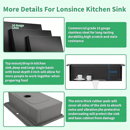 Black Drop In Kitchen Sink 36" X 22",Top Mount 16 Gauge Stainless Steel Workstation Sink,Deep & Large Single Bowl Kitchen Sinks (Black, 36" X 22")
