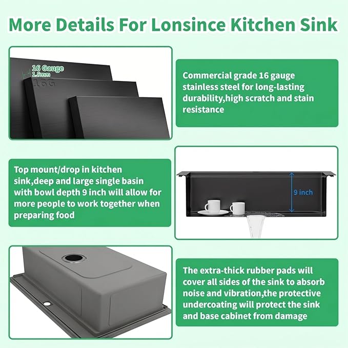 Black Drop In Kitchen Sink 28" X 22",Top Mount 16 Gauge Stainless Steel Workstation Sink,Deep & Large Single Bowl Kitchen Sinks (Black, 28" X 22")