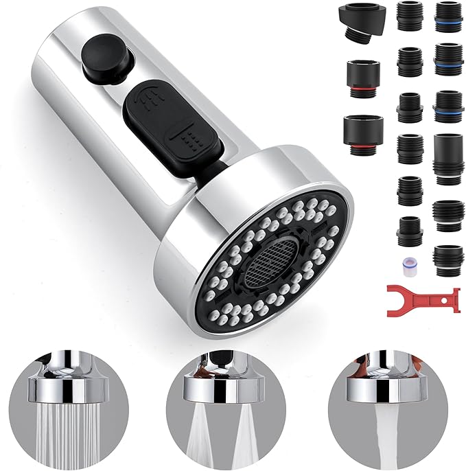 TIORIY Kitchen Faucet Head Replacement with 15 Adapters, 3 Function Pull Down Kitchen Faucet Spray Head, Pull Out Kitchen Sink Tap Sprayer Nozzle, Chrome, Plastic