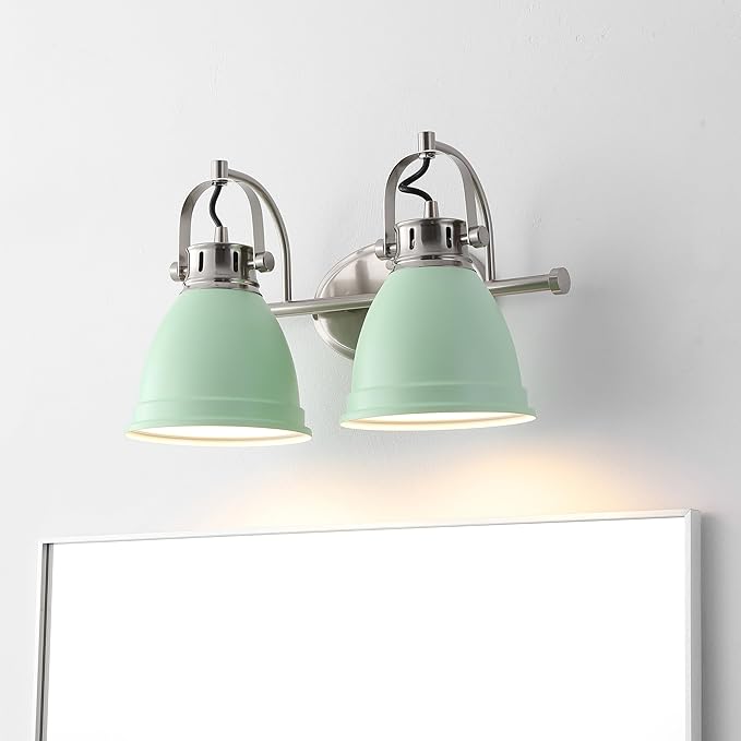 JONATHAN Y 16.25" Mint Green/Nickel 2-Light LED Vanity Light, Adjustable Wall Sconce for Bathroom Mirror, Farmhouse Bohemian Kitchen Light, Iron Black Bell Shade (JYL1115C)